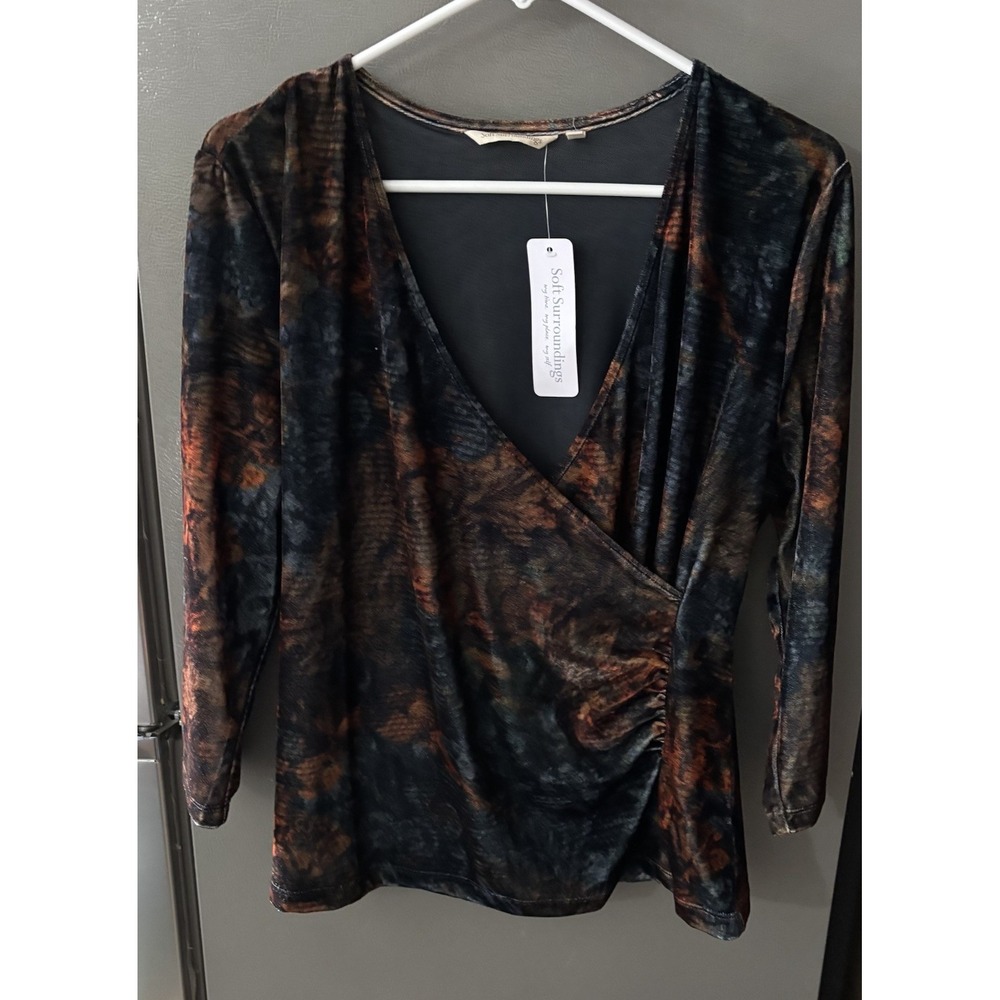 Soft Surroundings XL Velvet Alyssa Mock Wrap Top Art to‎ Wear V Neck Party NEW